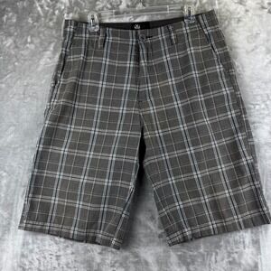 Micros Plaid Shorts Mens 33 Gray Blue White Flat Front Embroidered Y2K (1655)